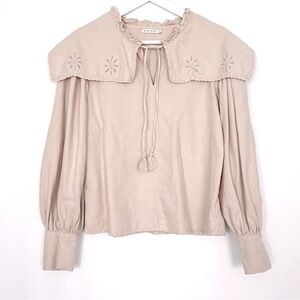The New Society Beige Embroidered Collar Cotton Blouse Small